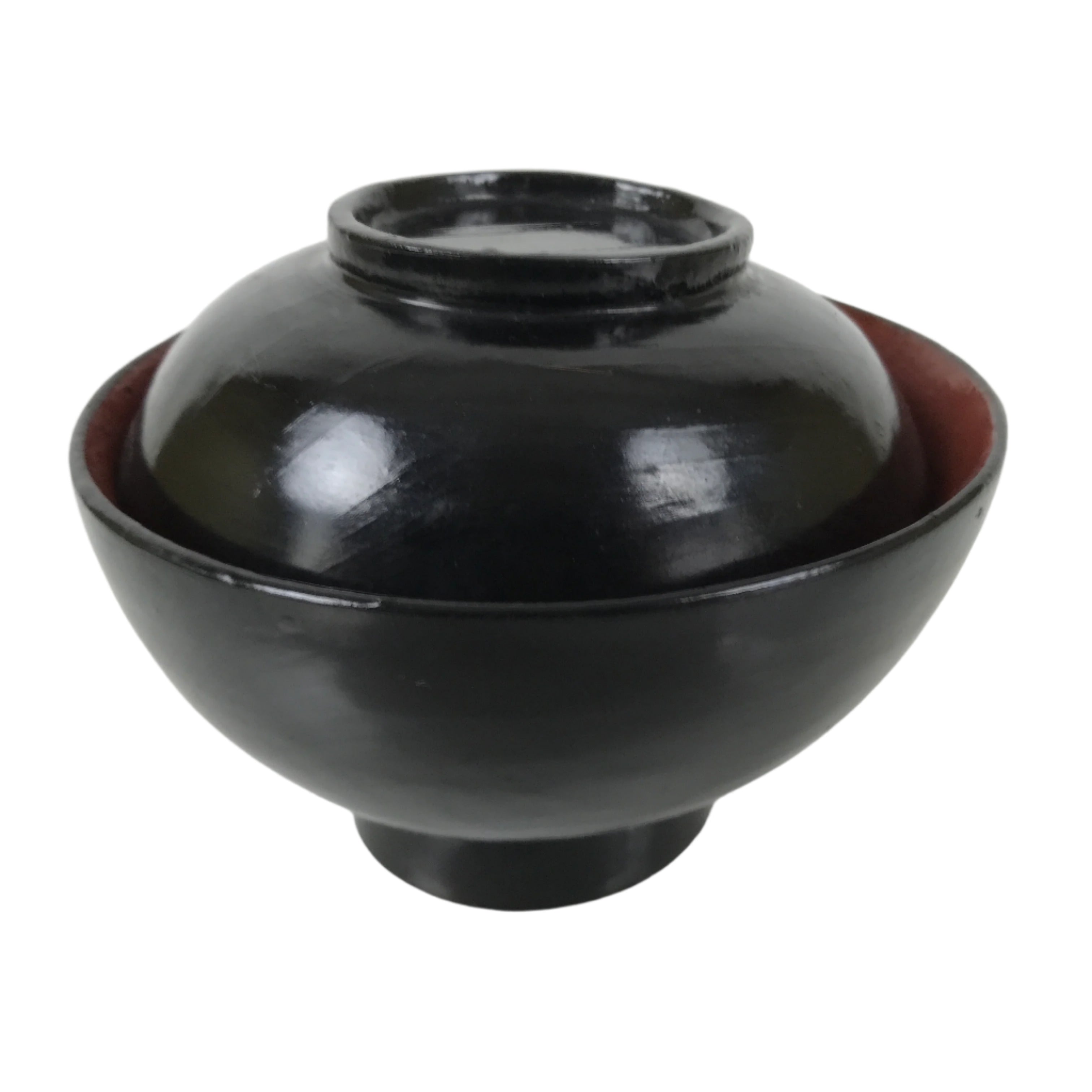 Japanese Lacquered Wooden Lidded Bowl Owan Vtg Rice Soup Dish Black Red LB128