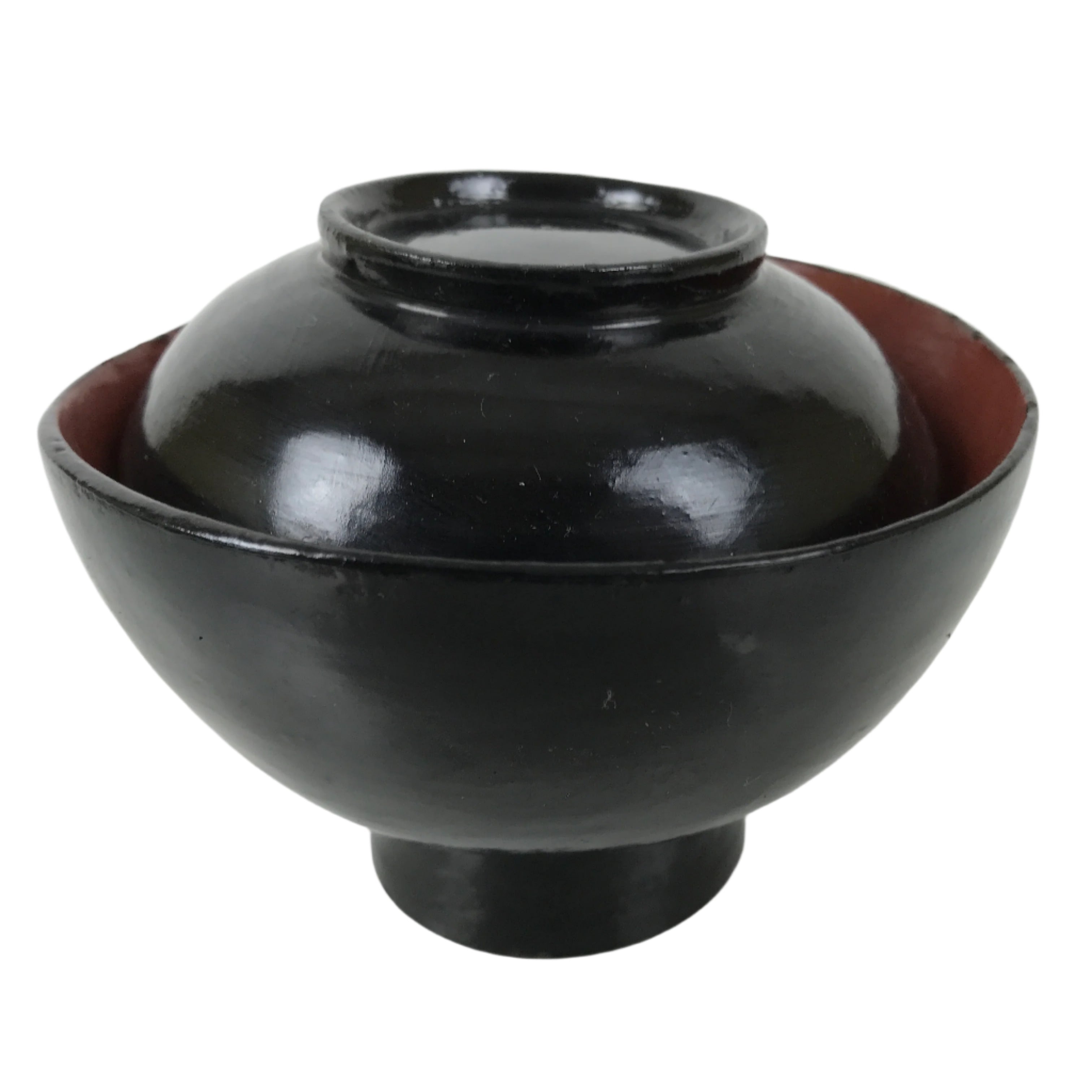 Japanese Lacquered Wooden Lidded Bowl Owan Vtg Rice Soup Dish Black Red LB129