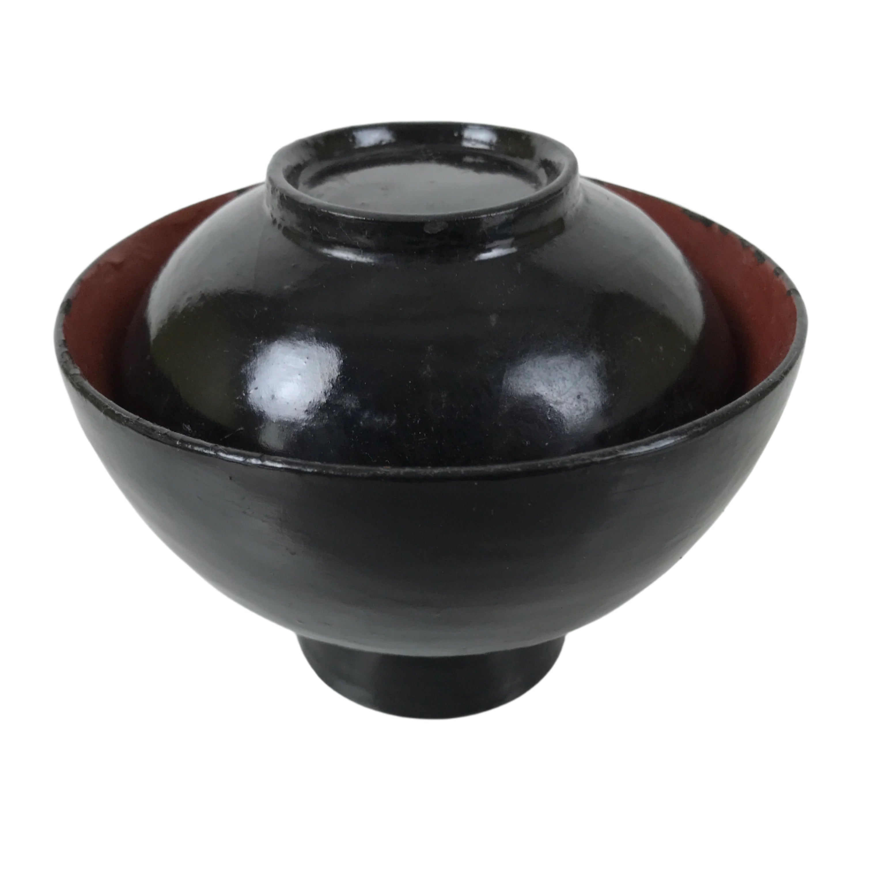 Japanese Lacquered Wooden Lidded Bowl Owan Vtg Rice Soup Dish Black Red LB130