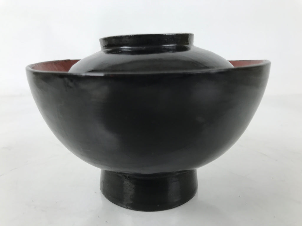 Japanese Lacquered Wooden Lidded Bowl Owan Vtg Rice Soup Dish Black Red LB132