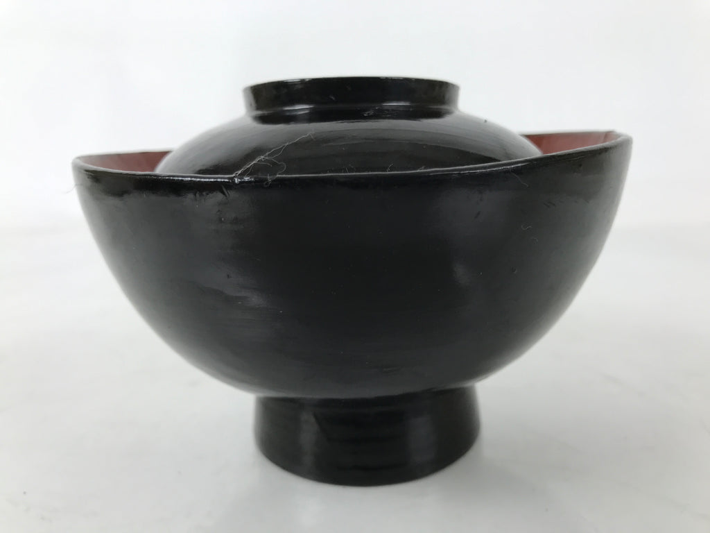 Japanese Lacquered Wooden Lidded Bowl Owan Vtg Rice Soup Dish Black Red LB132