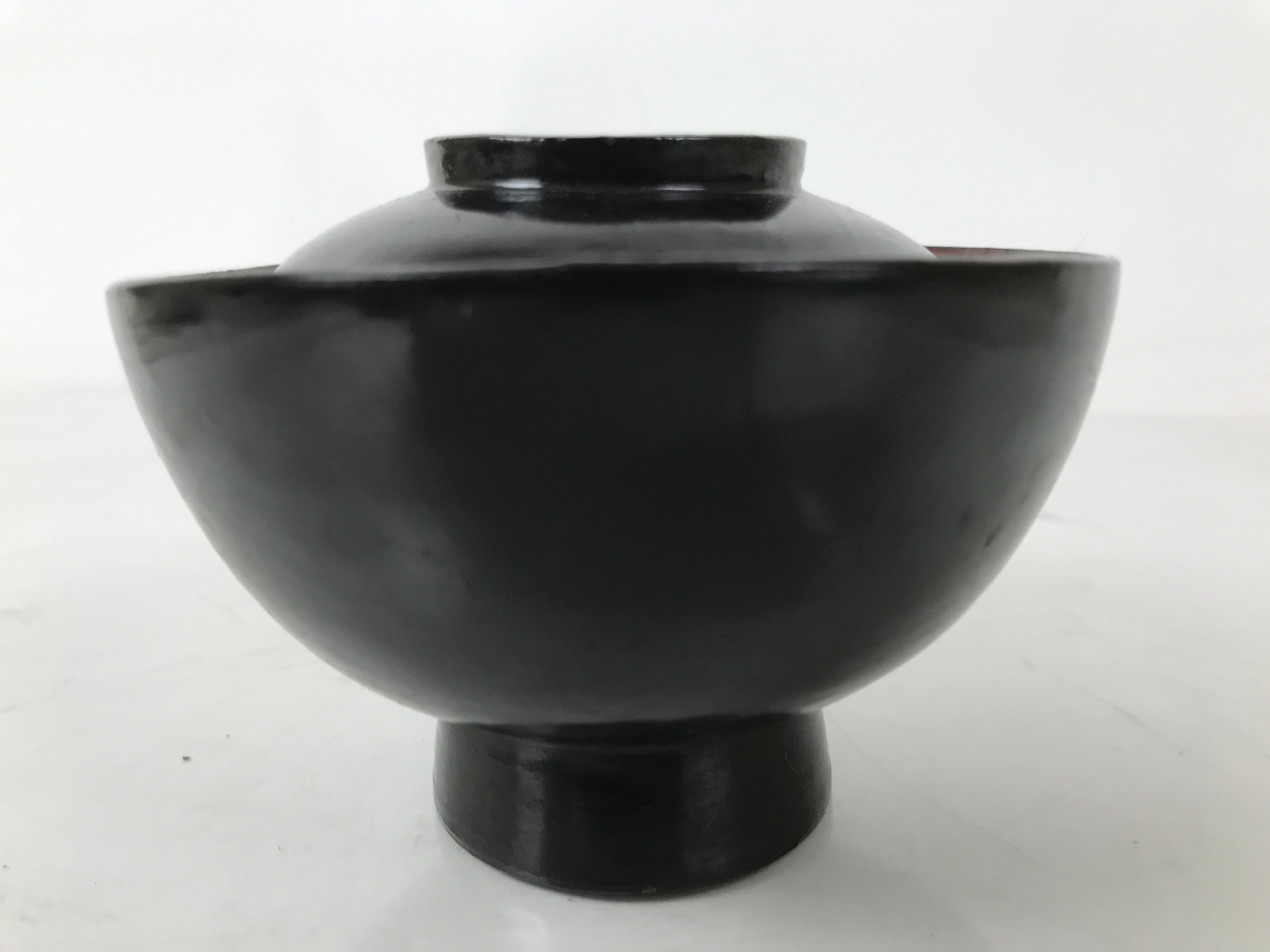 Japanese Lacquered Wooden Lidded Bowl Owan Vtg Rice Soup Dish Black Red LB132