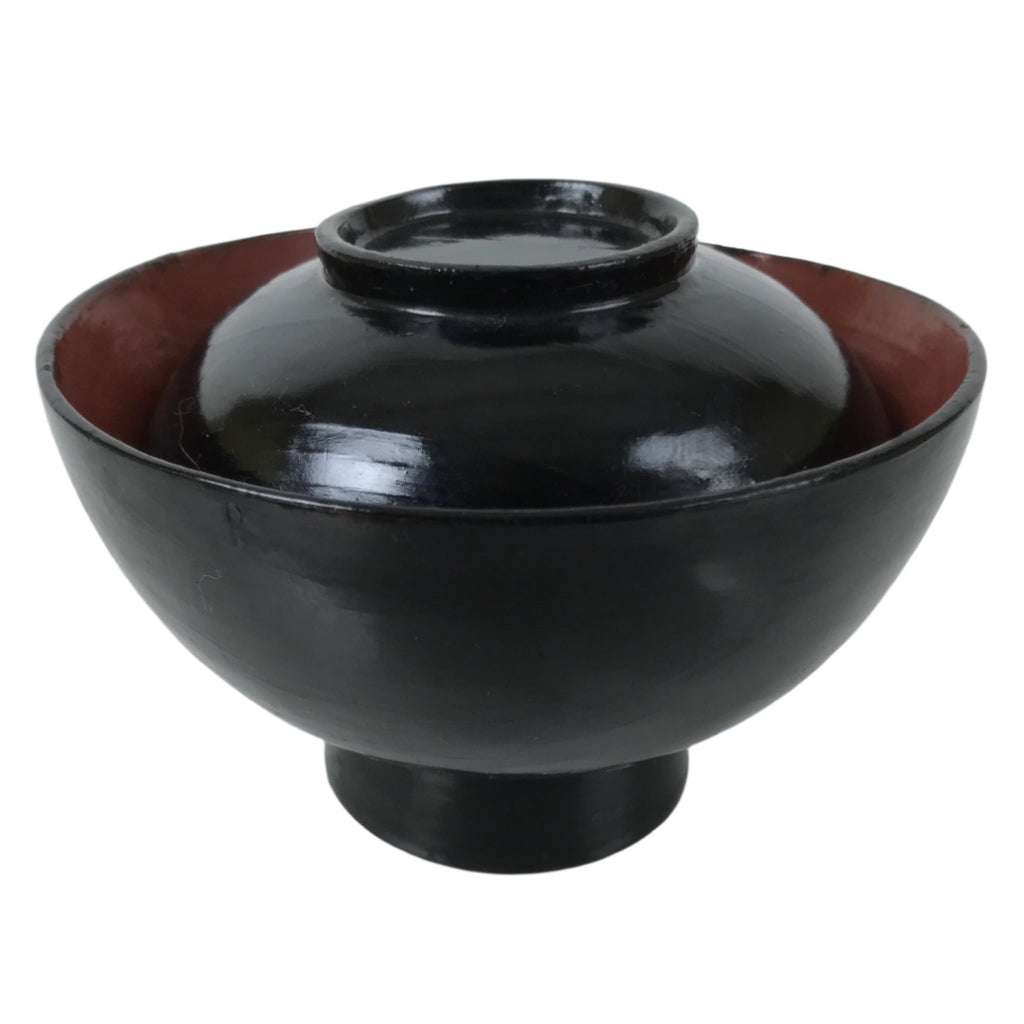 Japanese Lacquered Wooden Lidded Bowl Owan Vtg Rice Soup Dish Black Red LB132