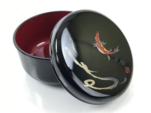 Japanese Lacquered Wooden Lidded Rice Container Vtg Bento Box Black Fish L370