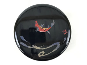 Japanese Lacquered Wooden Lidded Rice Container Vtg Bento Box Black Fish L370