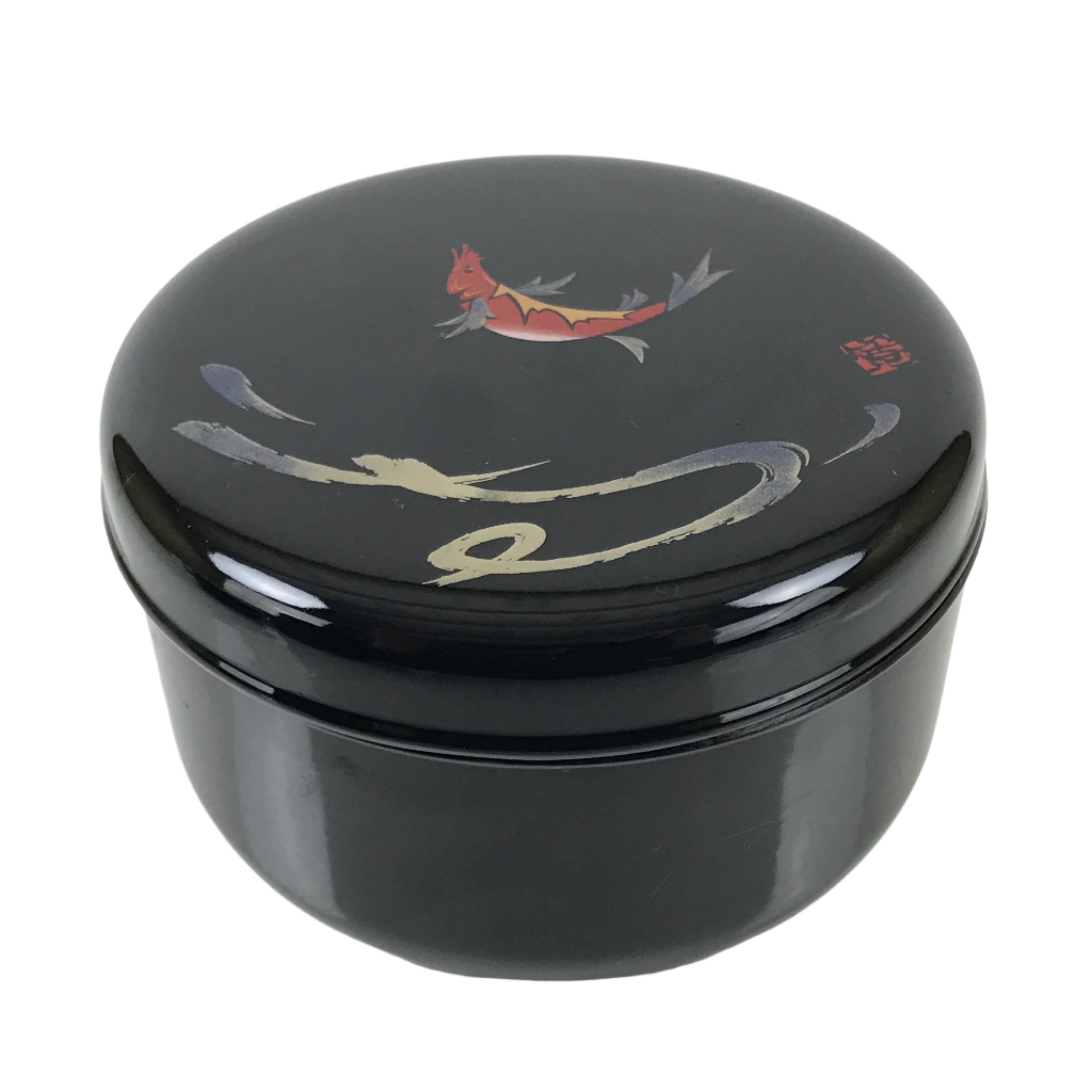 Japanese Lacquered Wooden Lidded Rice Container Vtg Bento Box Black Fish L370