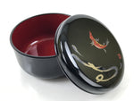 Japanese Lacquered Wooden Lidded Rice Container Vtg Bento Box Black Fish L371