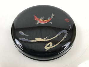 Japanese Lacquered Wooden Lidded Rice Container Vtg Bento Box Black Fish L371