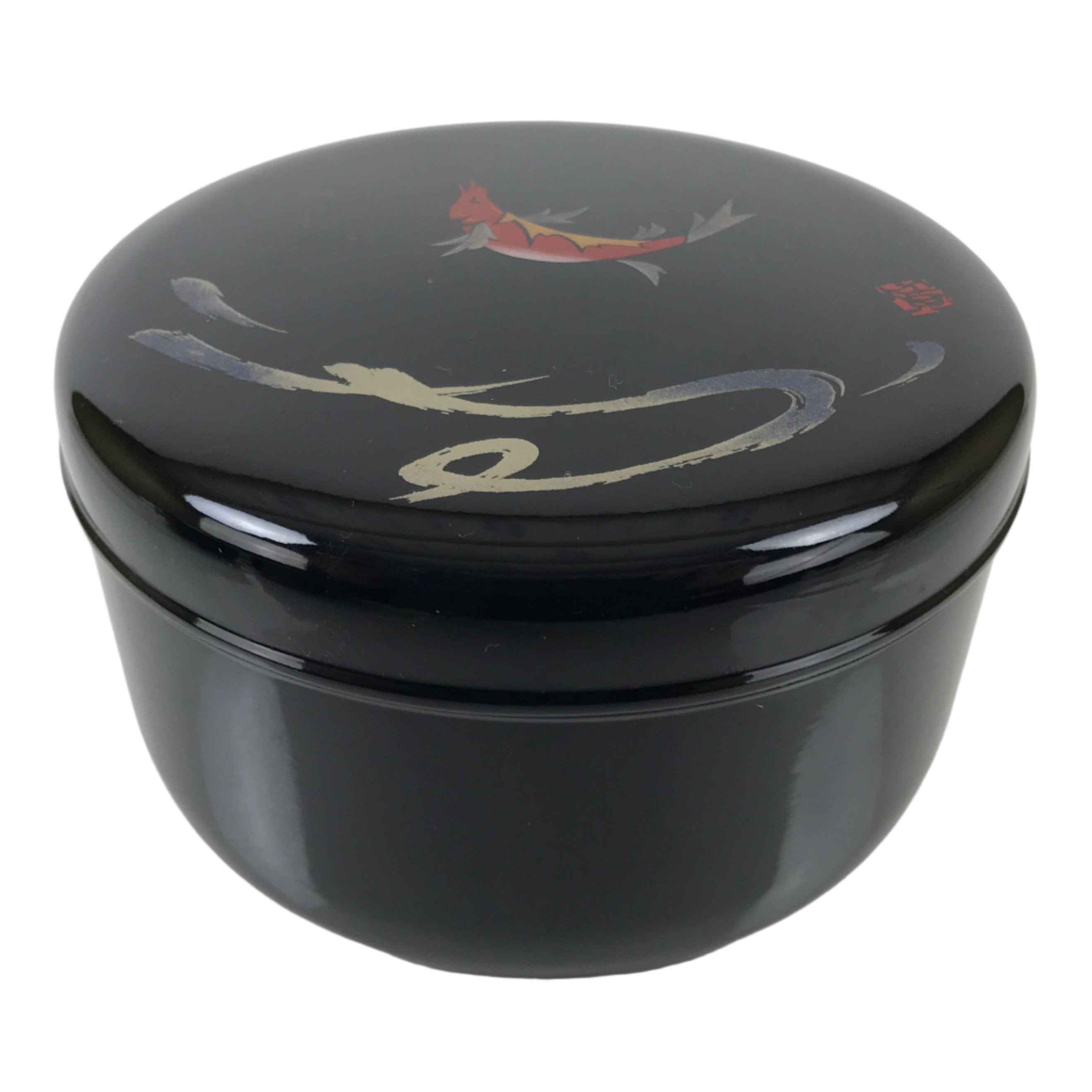 Japanese Lacquered Wooden Lidded Rice Container Vtg Bento Box Black Fish L371