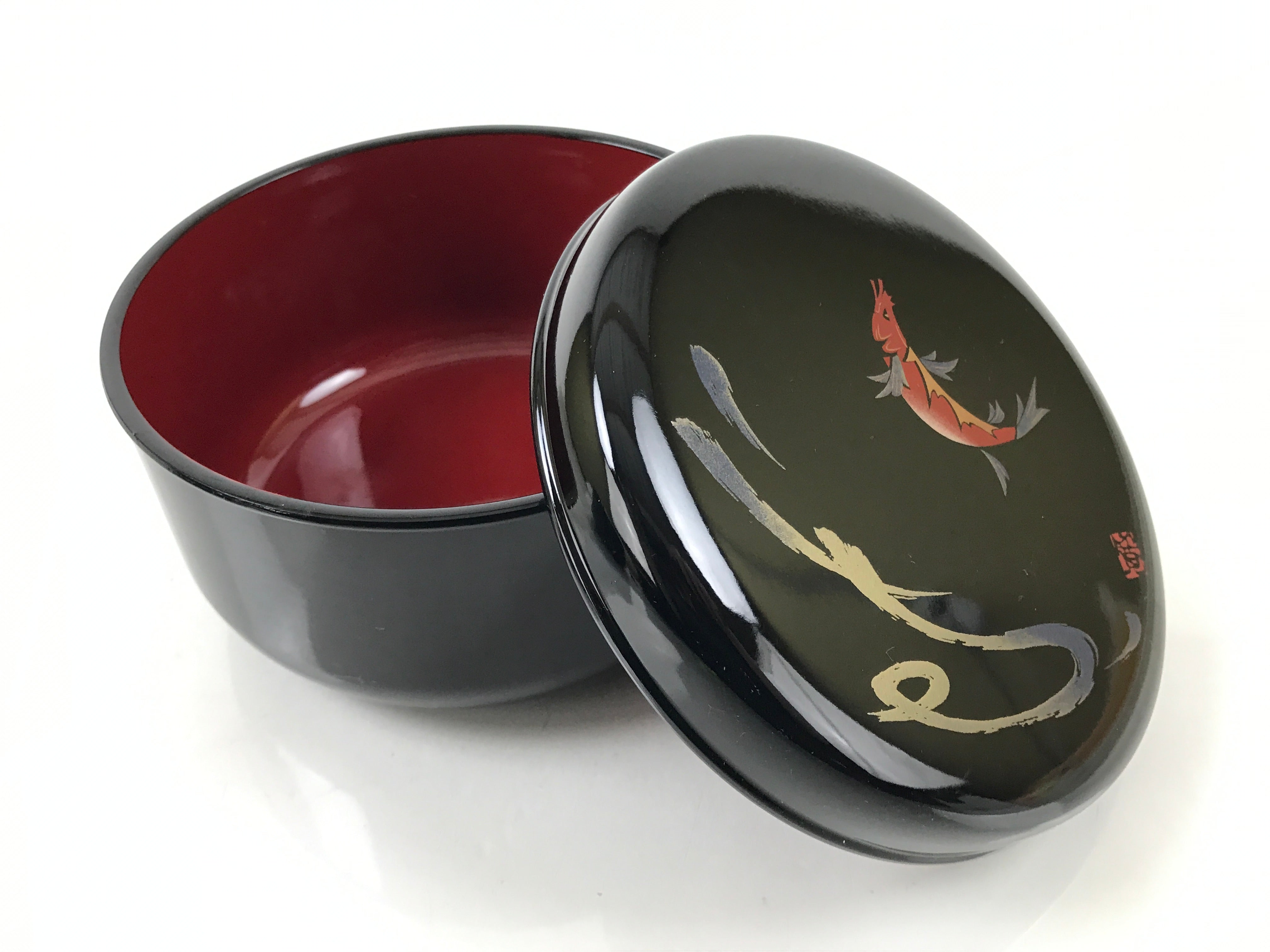 Japanese Lacquered Wooden Lidded Rice Container Vtg Bento Box Black Fish L372