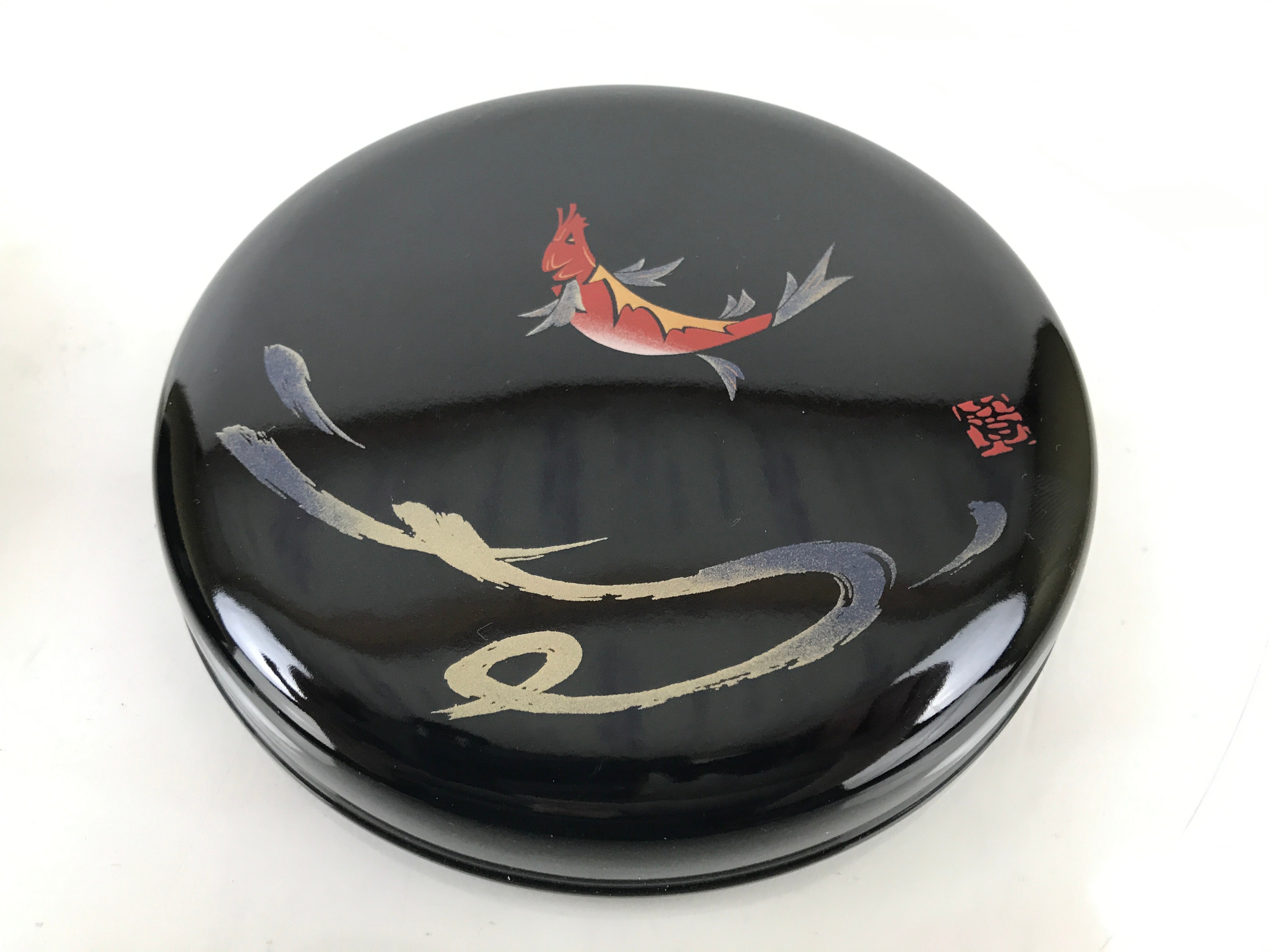 Japanese Lacquered Wooden Lidded Rice Container Vtg Bento Box Black Fish L372