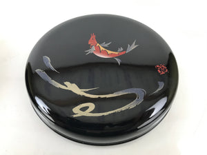 Japanese Lacquered Wooden Lidded Rice Container Vtg Bento Box Black Fish L372