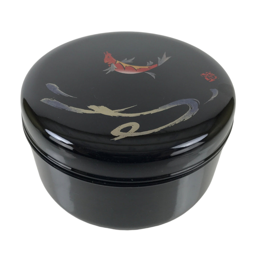 Japanese Lacquered Wooden Lidded Rice Container Vtg Bento Box Black Fish L372