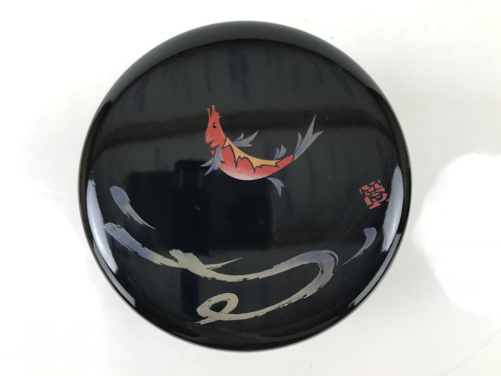 Japanese Lacquered Wooden Lidded Rice Container Vtg Bento Box Black Fish L373
