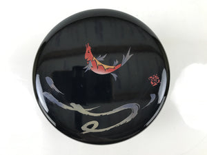 Japanese Lacquered Wooden Lidded Rice Container Vtg Bento Box Black Fish L373