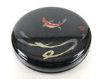 Japanese Lacquered Wooden Lidded Rice Container Vtg Bento Box Black Fish L373