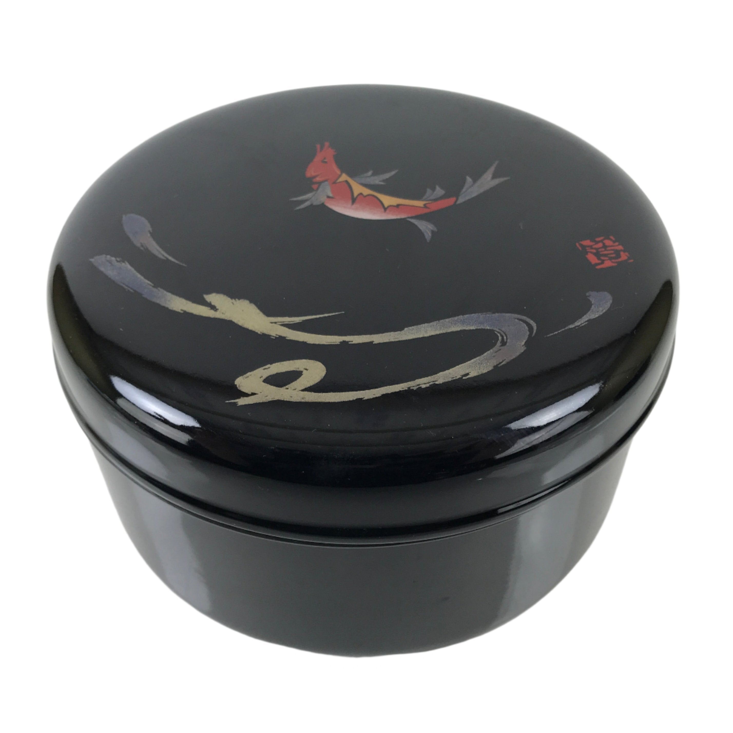 Japanese Lacquered Wooden Lidded Rice Container Vtg Bento Box Black Fish L373