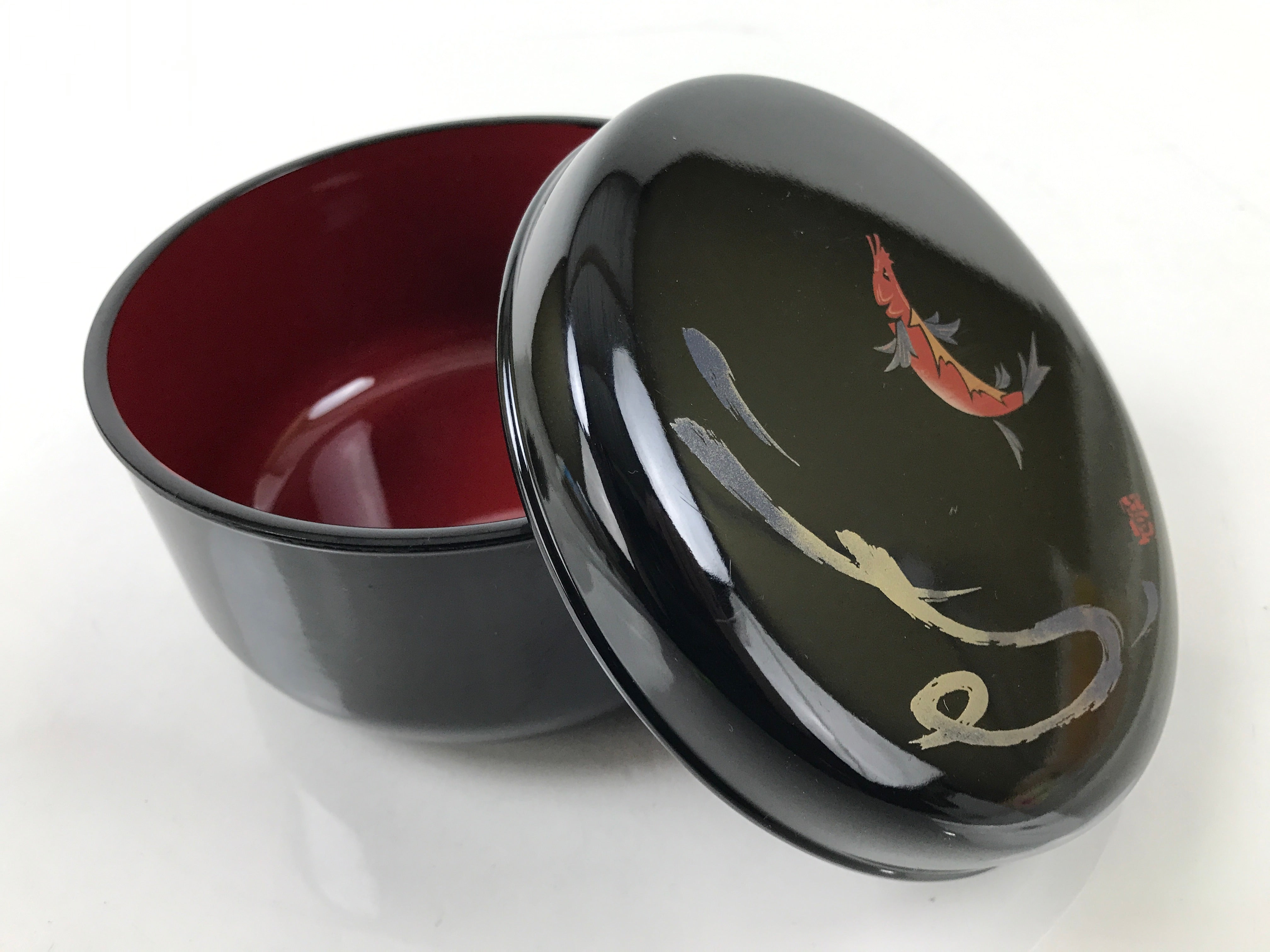 Japanese Lacquered Wooden Lidded Rice Container Vtg Bento Box Black Fish L374