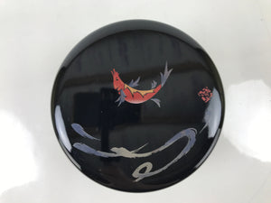 Japanese Lacquered Wooden Lidded Rice Container Vtg Bento Box Black Fish L374