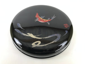 Japanese Lacquered Wooden Lidded Rice Container Vtg Bento Box Black Fish L374