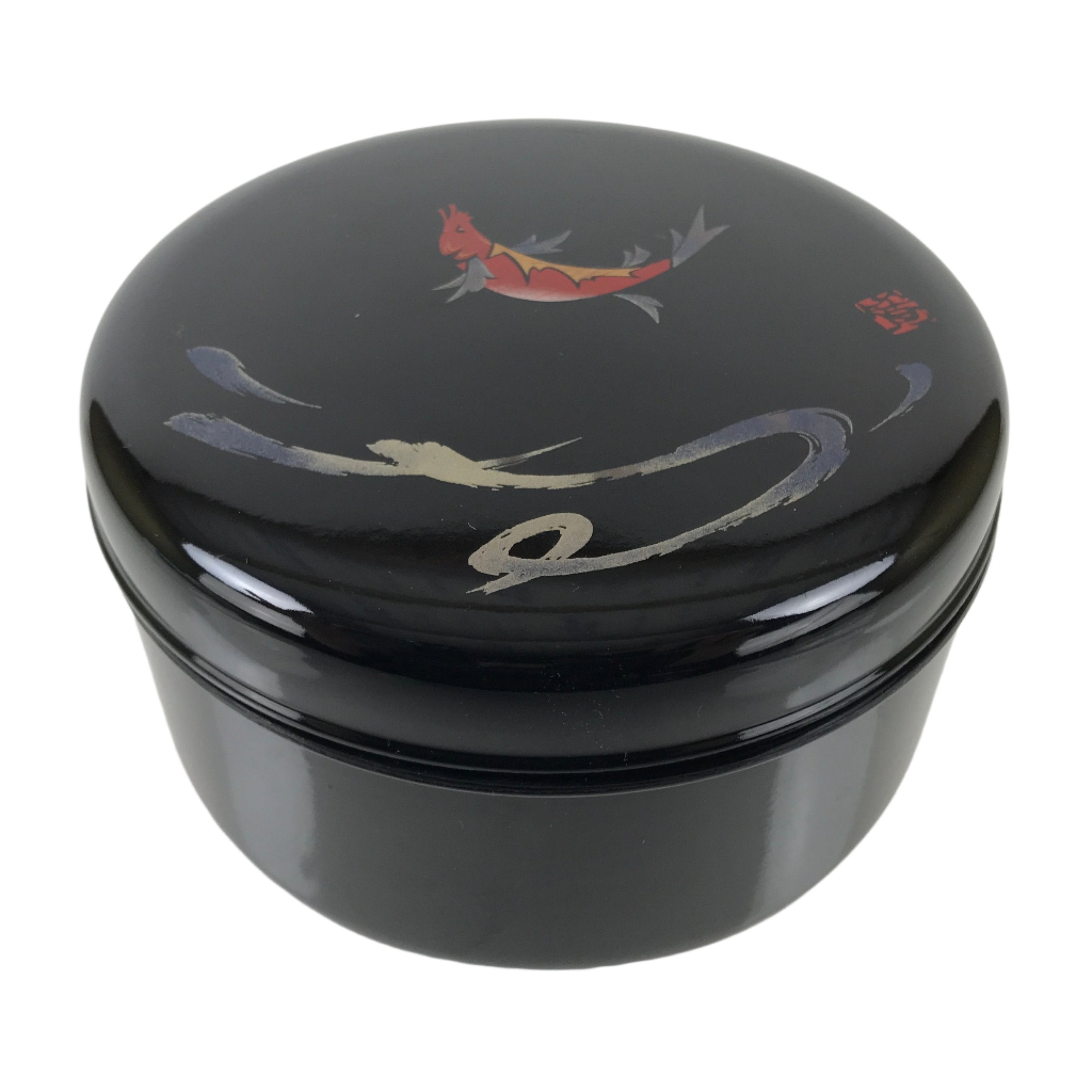 Japanese Lacquered Wooden Lidded Rice Container Vtg Bento Box Black Fish L374