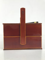 Japanese Lacquered Wooden Lunch Box Bento Shunkei Two Tiers Brown Handle LWB165