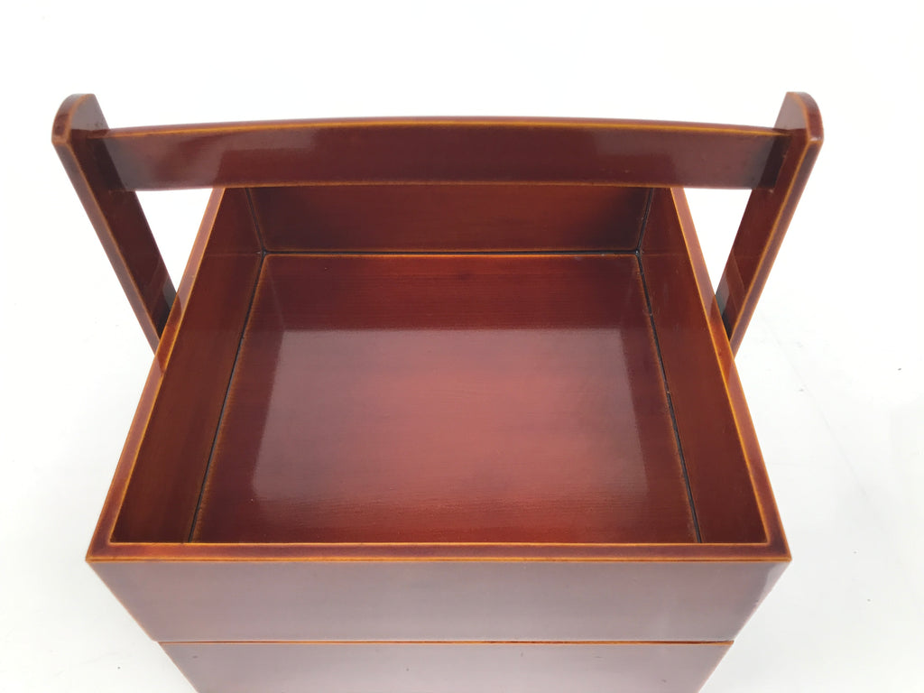 Japanese Lacquered Wooden Lunch Box Bento Shunkei Two Tiers Brown Handle LWB165