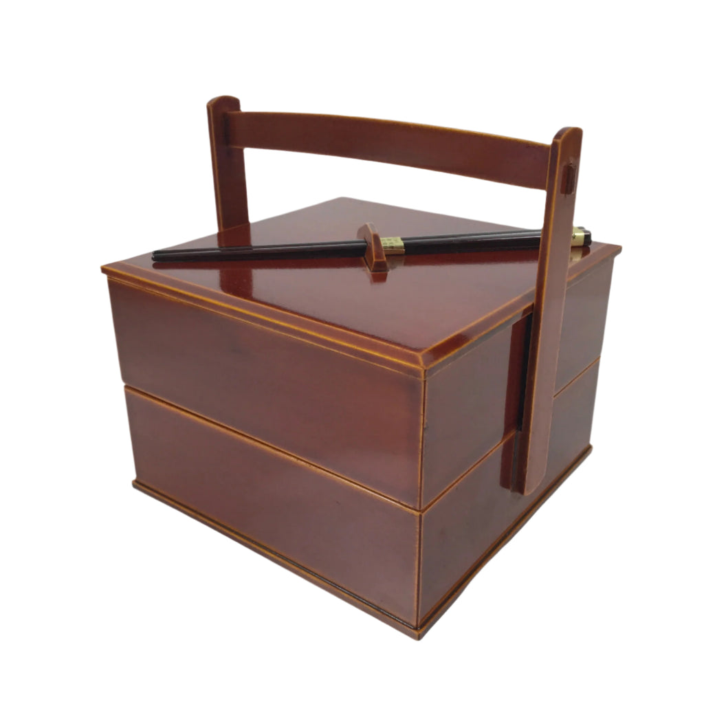 Japanese Lacquered Wooden Lunch Box Bento Shunkei Two Tiers Brown Handle LWB165
