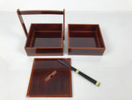 Japanese Lacquered Wooden Lunch Box Bento Shunkei Two Tiers Brown Handle LWB178