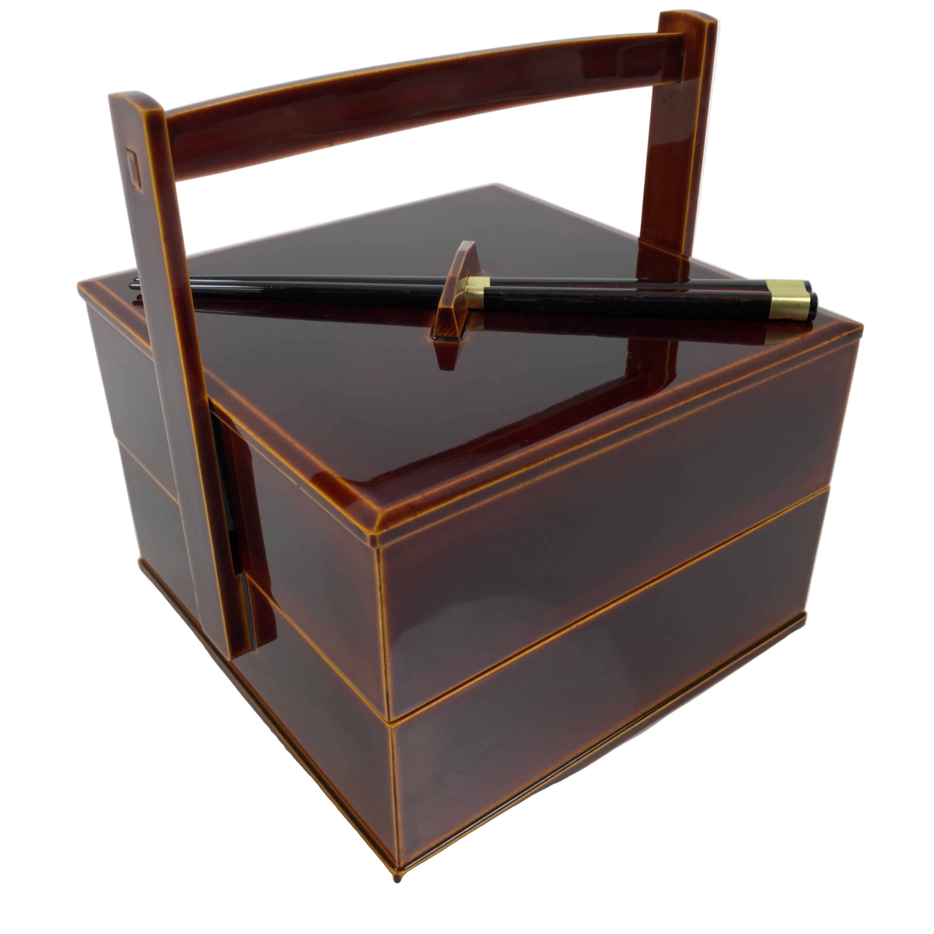 Japanese Lacquered Wooden Lunch Box Bento Shunkei Two Tiers Brown Handle LWB178