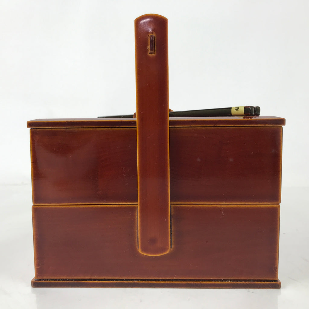 Japanese Lacquered Wooden Lunch Box Bento Vtg Shunkei Chopsticks Brown LWB113