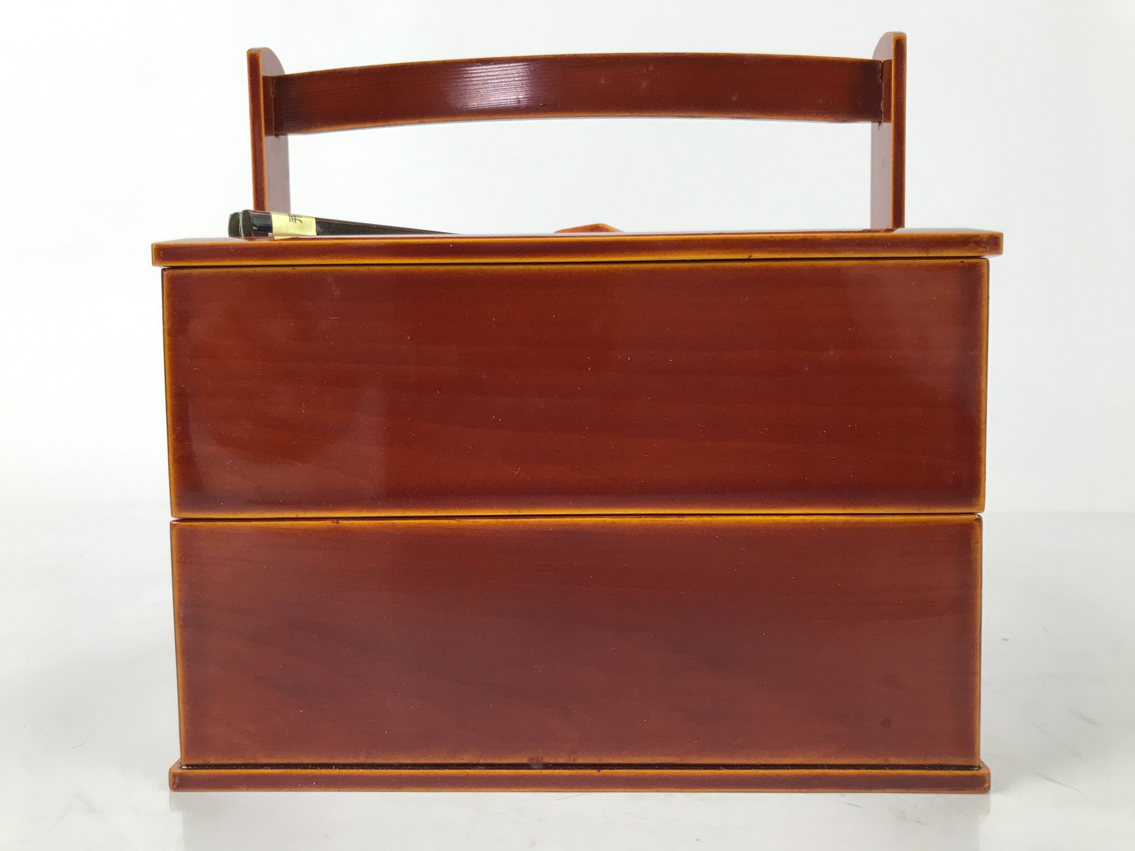 Japanese Lacquered Wooden Lunch Box Bento Vtg Shunkei Chopsticks Brown LWB113