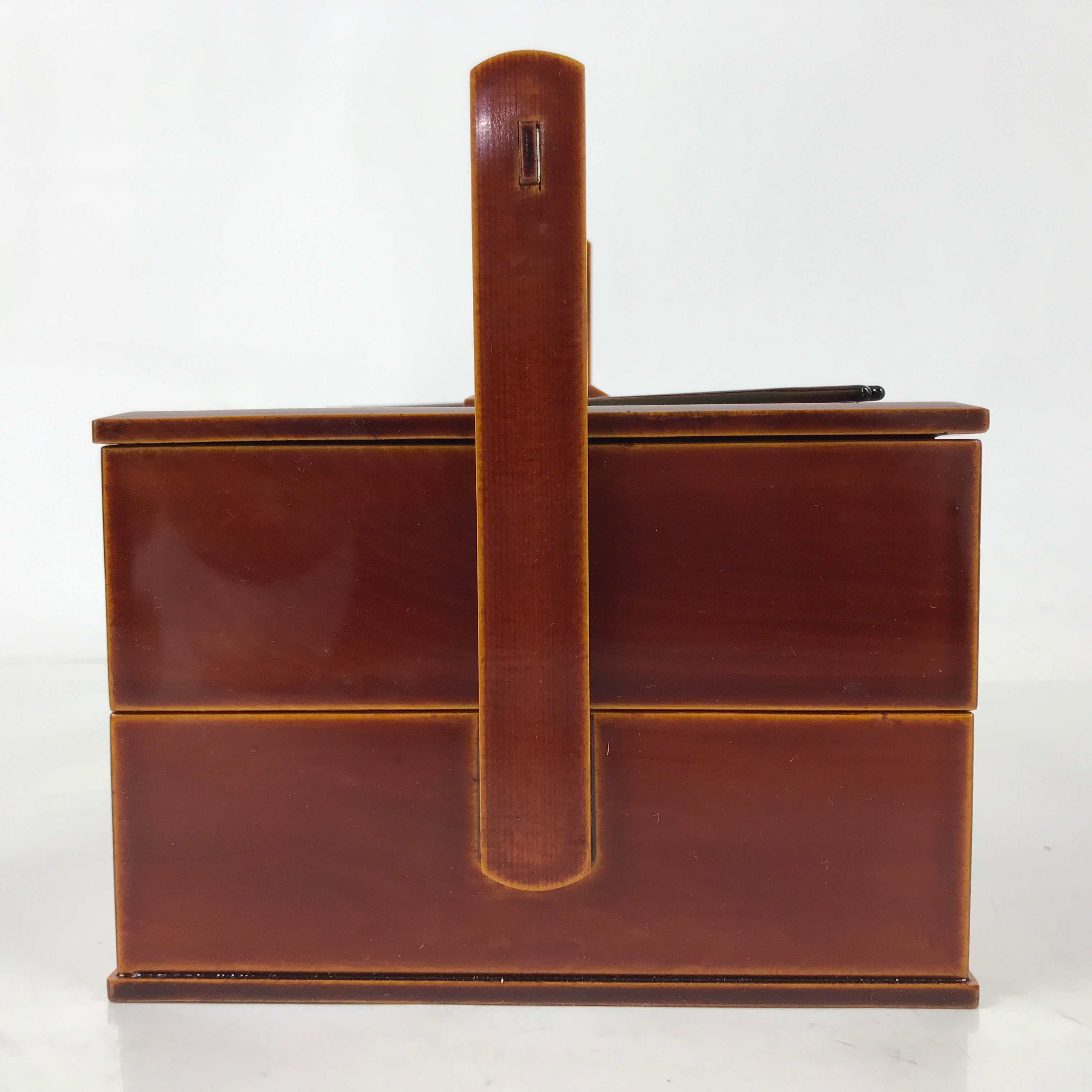 Japanese Lacquered Wooden Lunch Box Bento Vtg Shunkei Chopsticks Brown LWB113