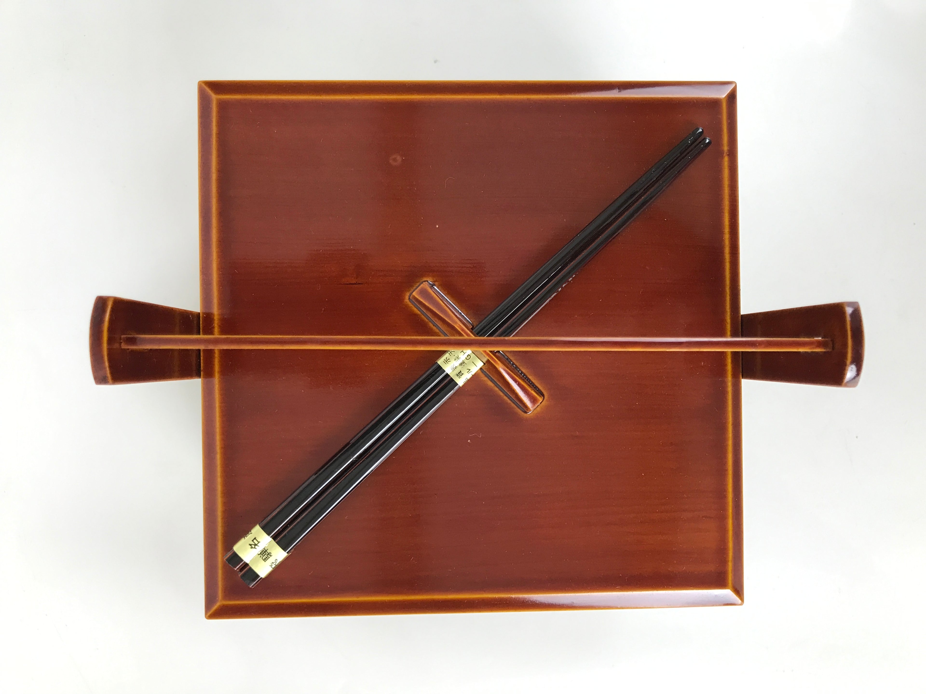 Japanese Lacquered Wooden Lunch Box Bento Vtg Shunkei Chopsticks Brown LWB113