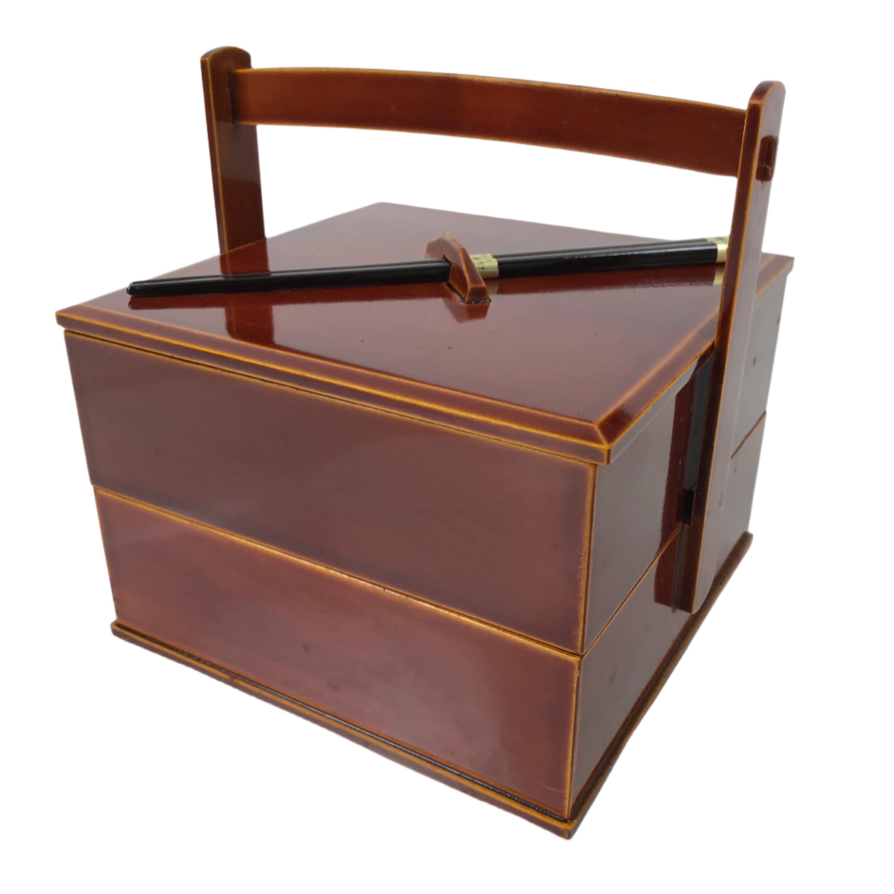 Japanese Lacquered Wooden Lunch Box Bento Vtg Shunkei Chopsticks Brown LWB113