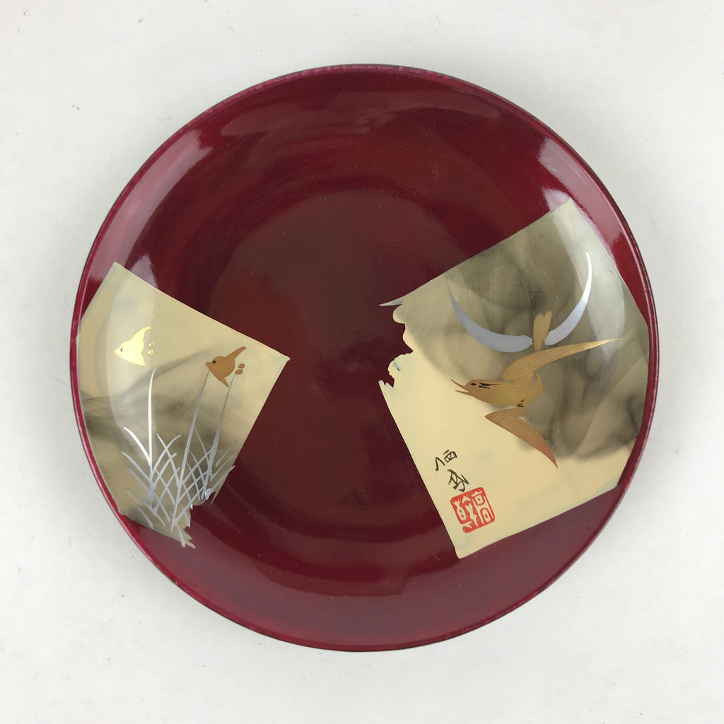 Japanese Lacquered Wooden Meimeizara Small Plate Vtg Makie Bird Red Gold L23