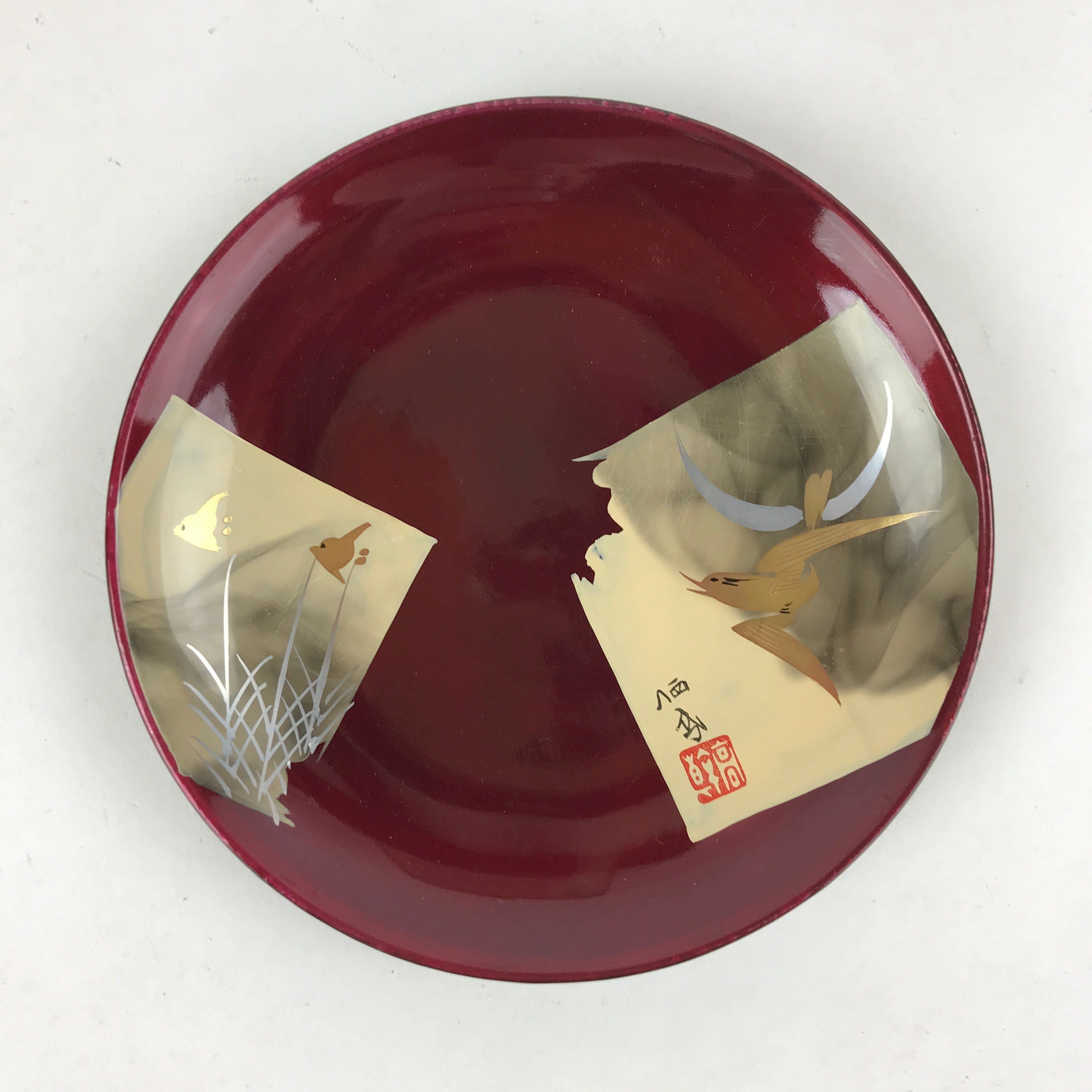 Japanese Lacquered Wooden Meimeizara Small Plate Vtg Makie Bird Red Gold L23