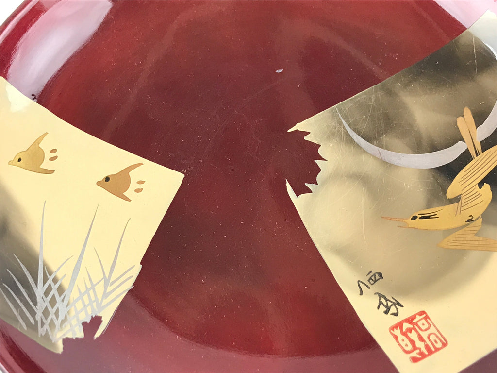 Japanese Lacquered Wooden Meimeizara Small Plate Vtg Red Gold Bird Makie L24
