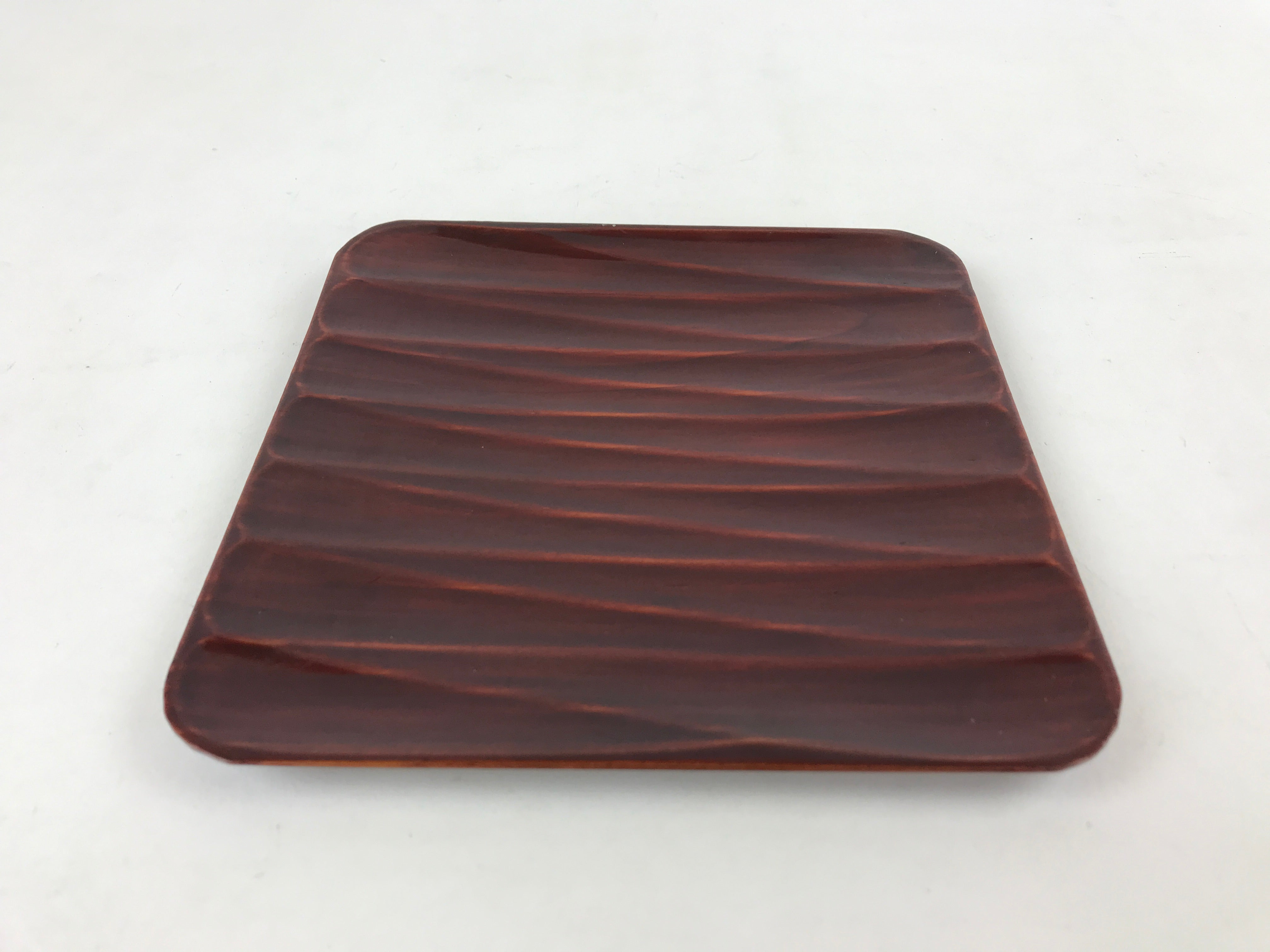 Japanese Lacquered Wooden Meimeizara Square Plate Vtg Carved Pattern Brown L37