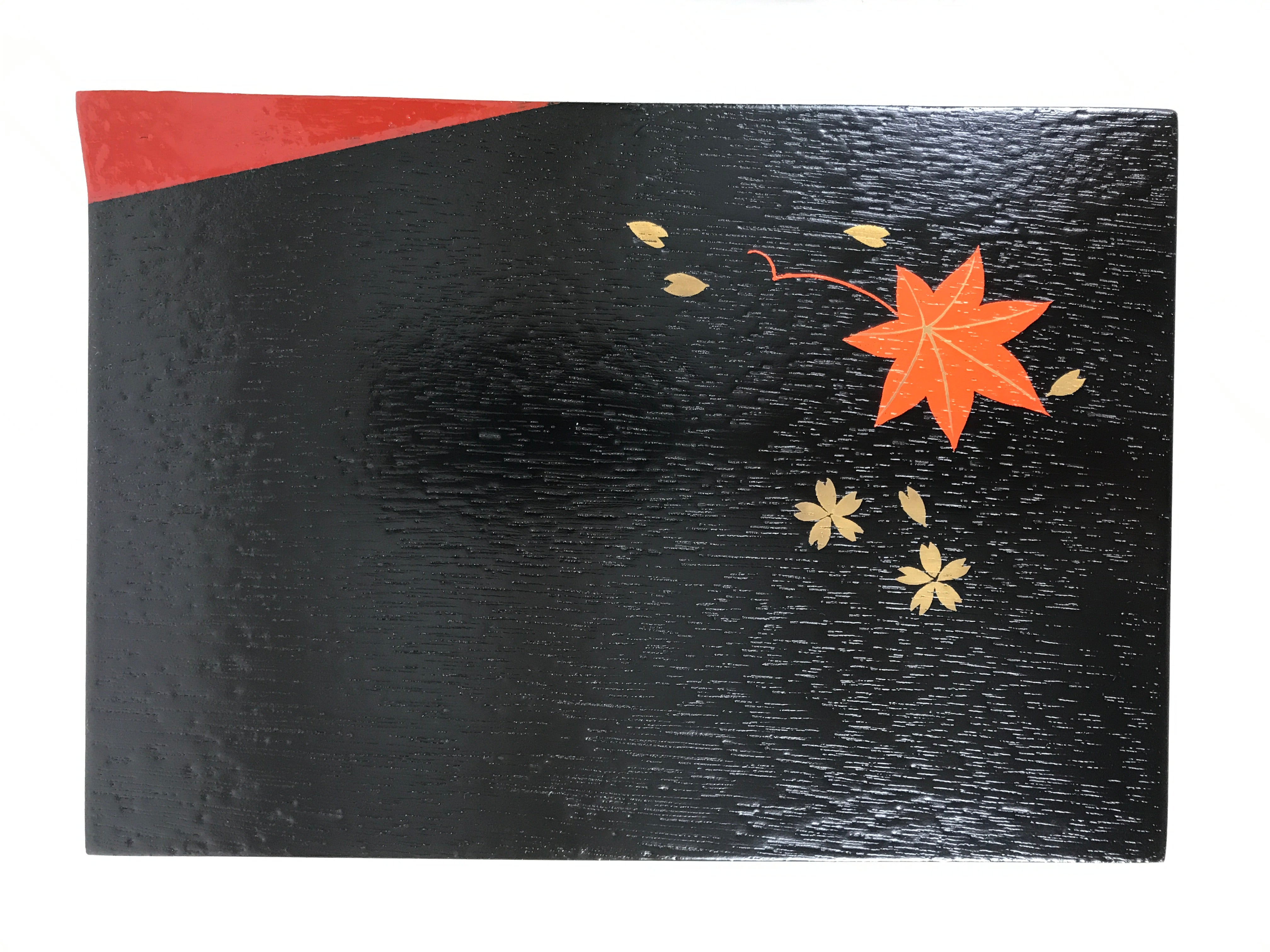 Japanese Lacquered Wooden Plate Vtg Rectangle Black Red Momiji Maple Sakura L538