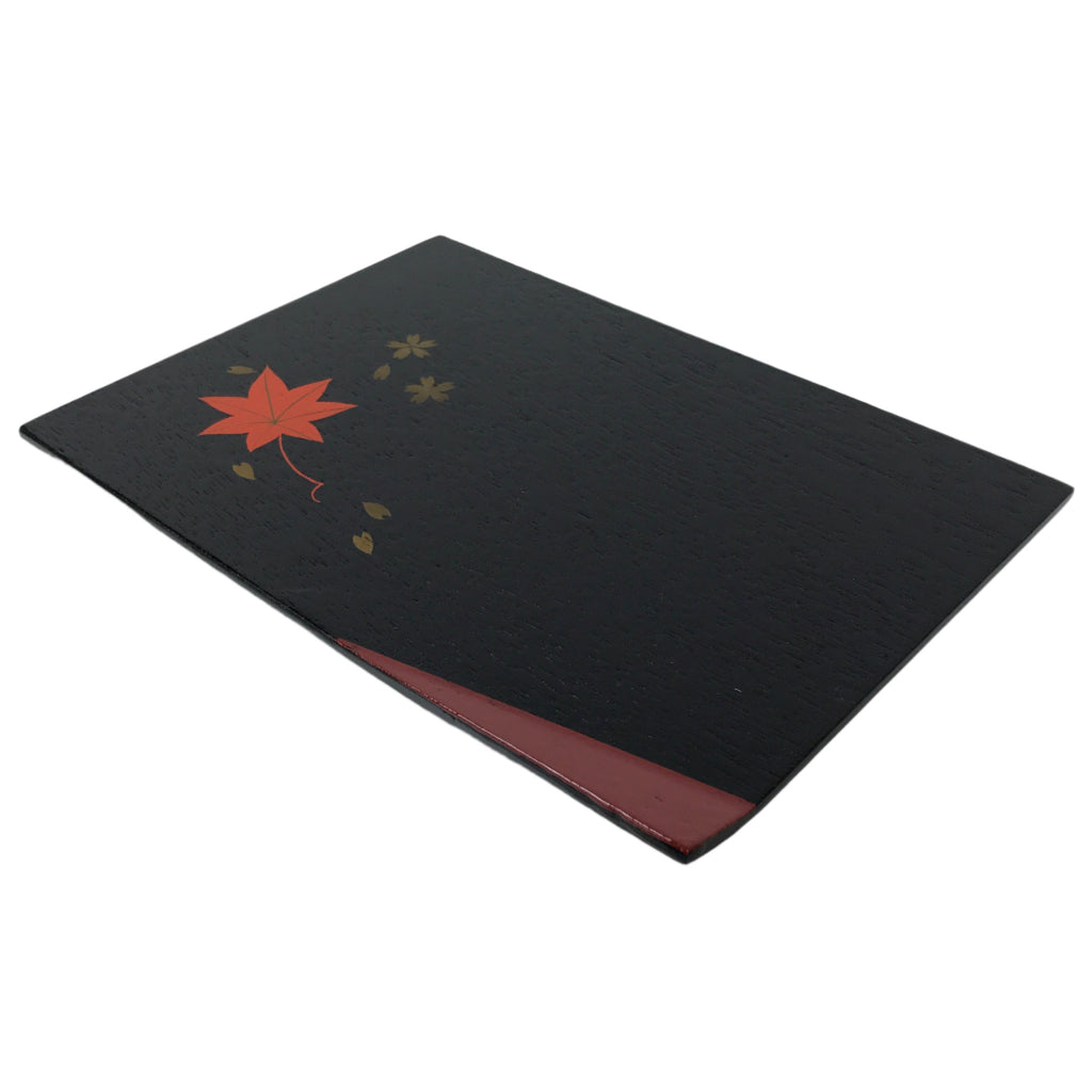Japanese Lacquered Wooden Plate Vtg Rectangle Black Red Momiji Maple Sakura L538