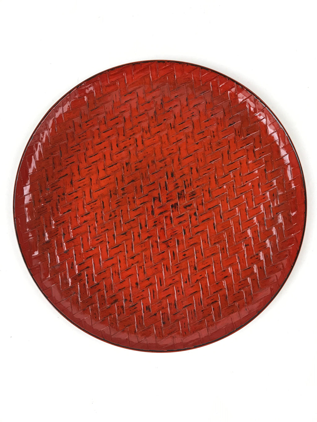 Japanese Lacquered Wooden Round Serving Tray Vtg Woven Bamboo Takezaiku L30