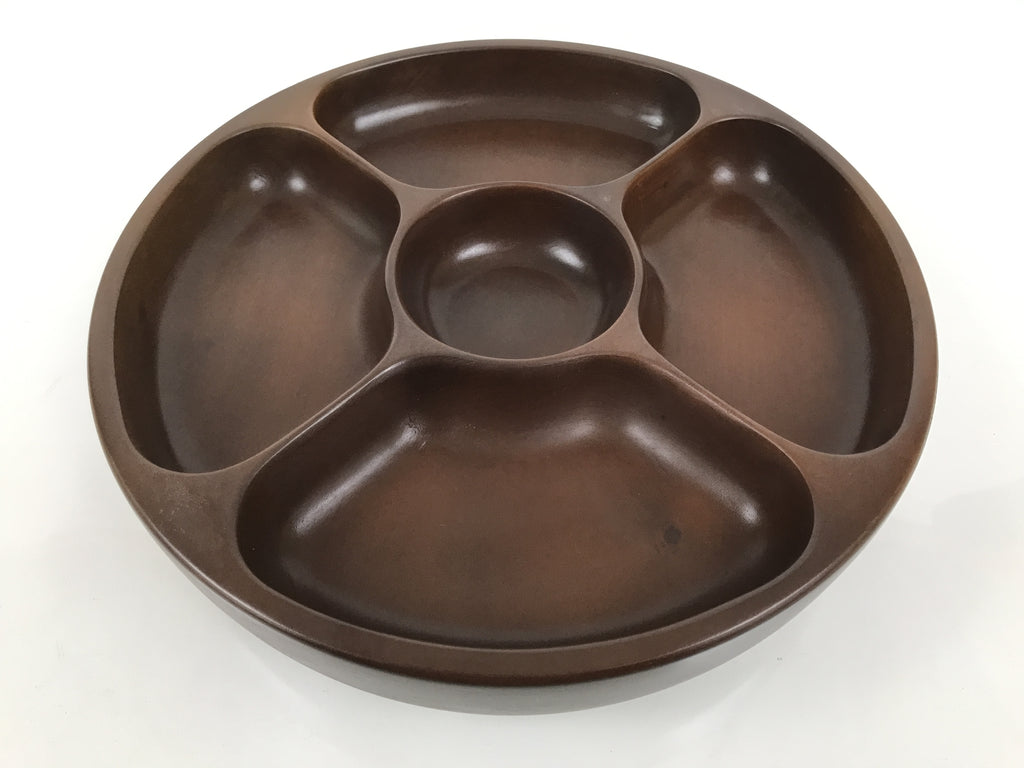 Japanese Lacquered Wooden Serving Plate Vtg Round Dish Five Partition Brown L609
