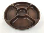 Japanese Lacquered Wooden Serving Plate Vtg Round Dish Five Partition Brown L609