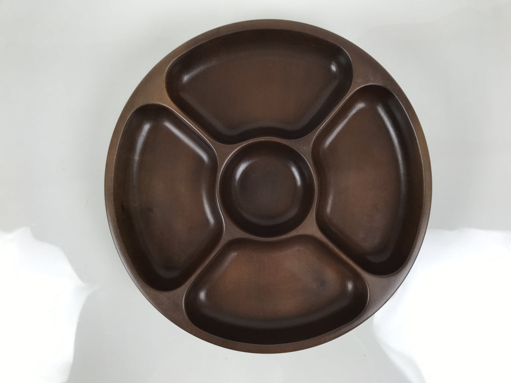 Japanese Lacquered Wooden Serving Plate Vtg Round Dish Five Partition Brown L609