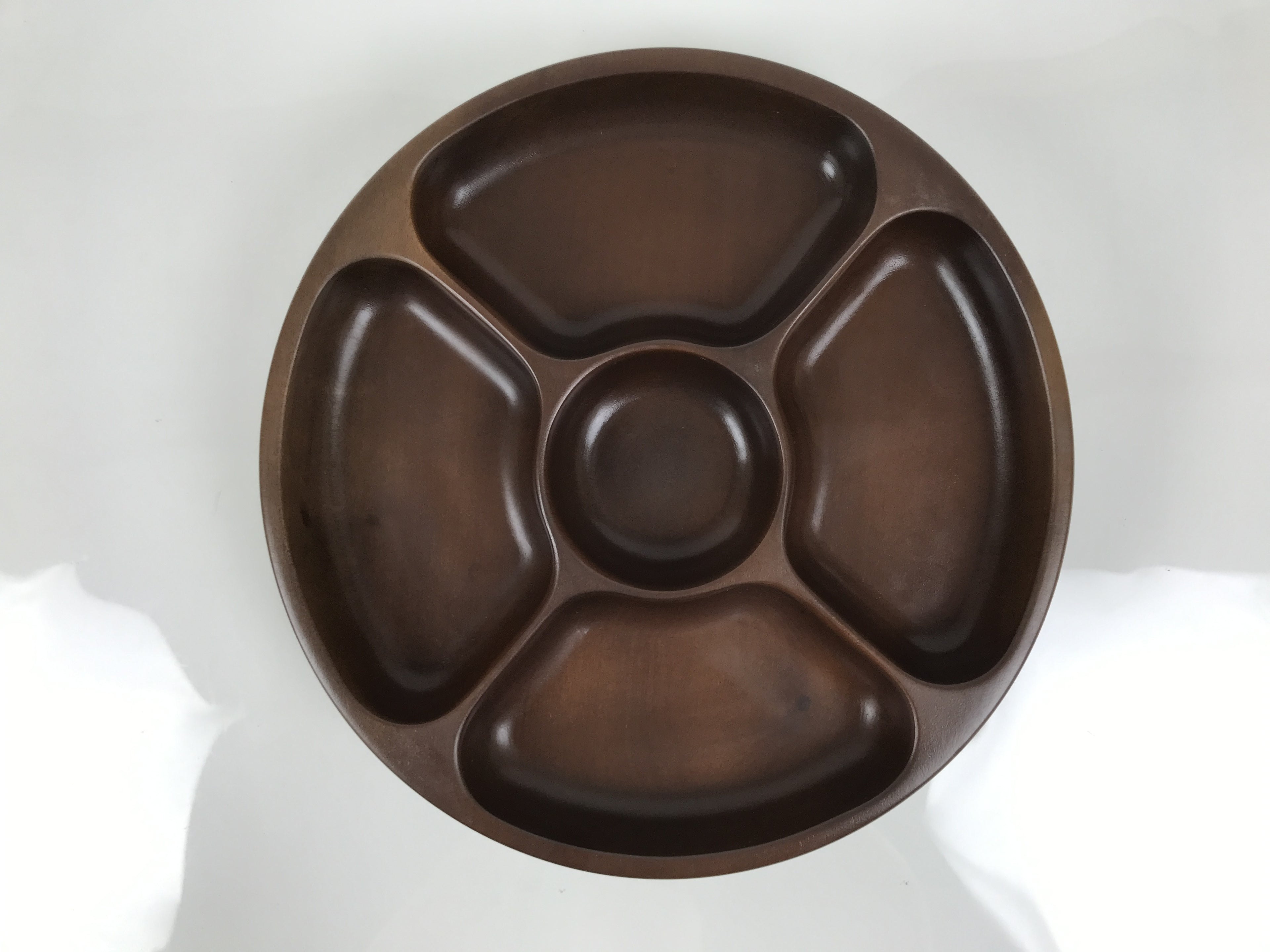 Japanese Lacquered Wooden Serving Plate Vtg Round Dish Five Partition Brown L609
