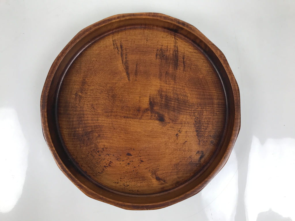Japanese Lacquered Wooden Serving Tray Obon Vtg Round Brown Black Grain L451