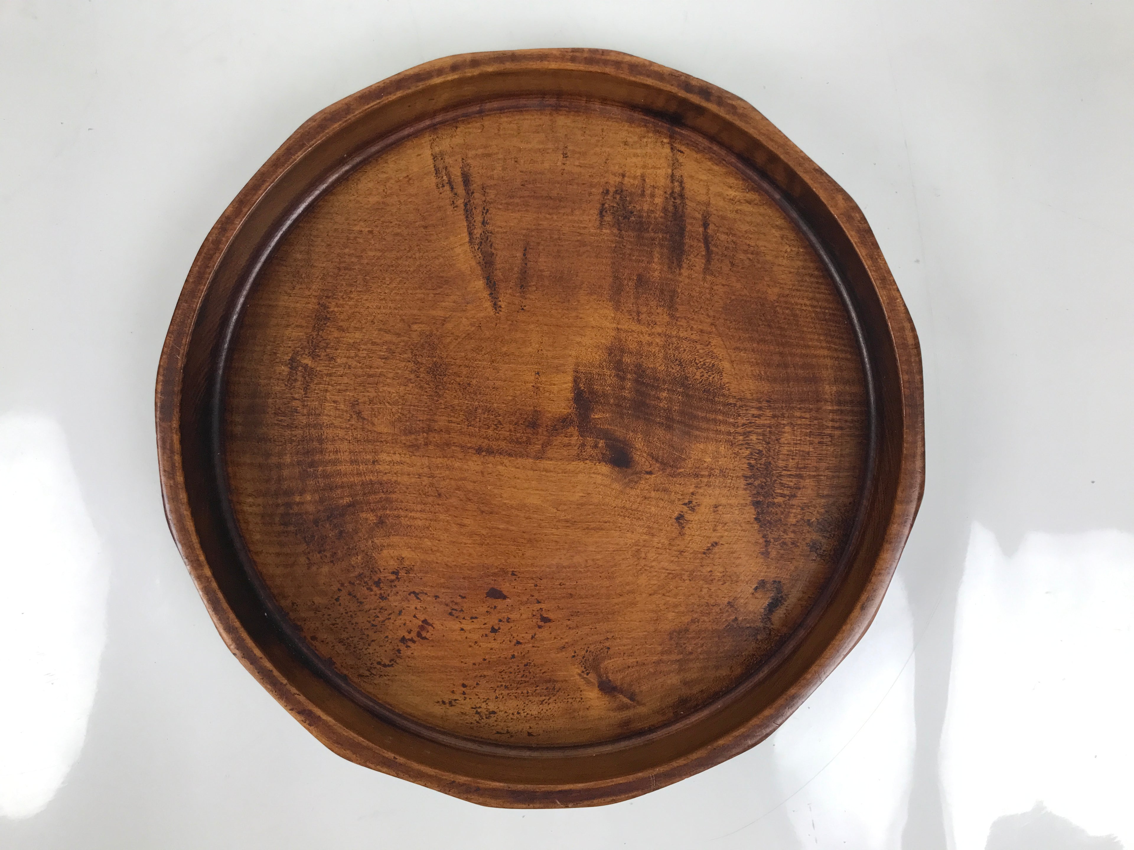 Japanese Lacquered Wooden Serving Tray Obon Vtg Round Brown Black Grain L451