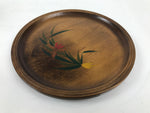 Japanese Lacquered Wooden Serving Tray Obon Vtg Round Brown Flower Leaf L456