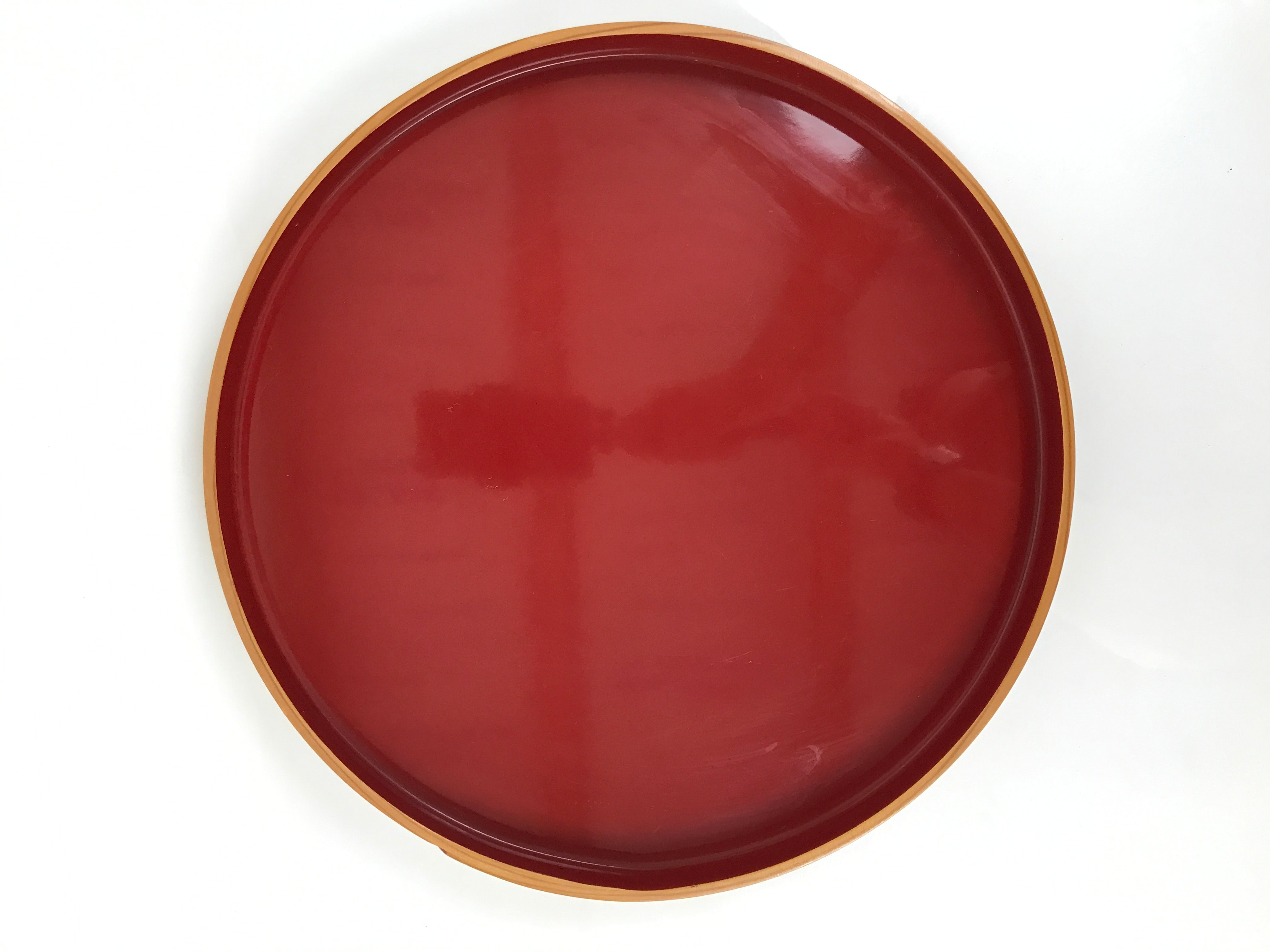 Japanese Lacquered Wooden Serving Tray Obon Vtg Round Red Vermilion Black L551